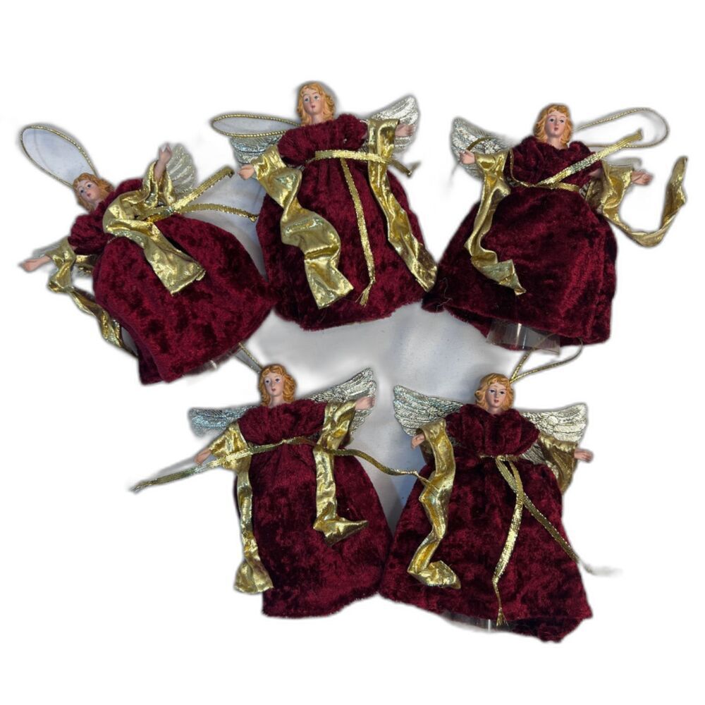 Christmas Ornaments Angels Lot of 5 Red‎ Velvet Gowns Free Standing Hanging